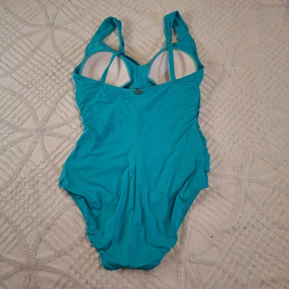 JANTZEN Women 14 One‎ Piece Swimsuit Blue Surplice Wrap Tummy Control Ruching